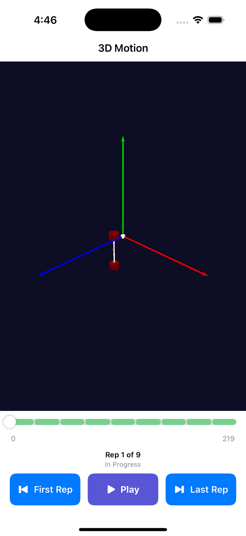BarPath iOS 3D motion playback screen from a real simulated set captured in app