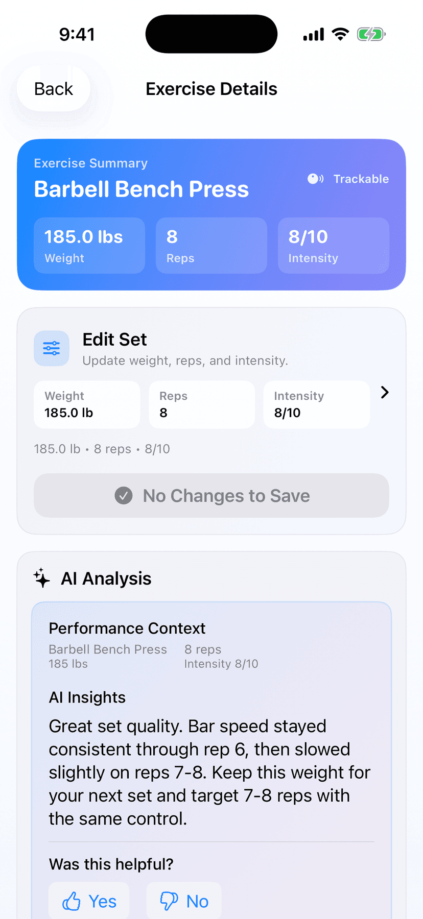 BarPath iOS exercise details with mocked workout set data